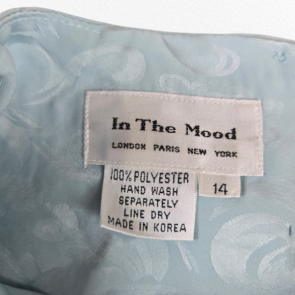 80s Vintage Light Blue Satin Floral Jacquard Lace Tunic Blouse Skirt Set Size 8 - Picture 2 of 14